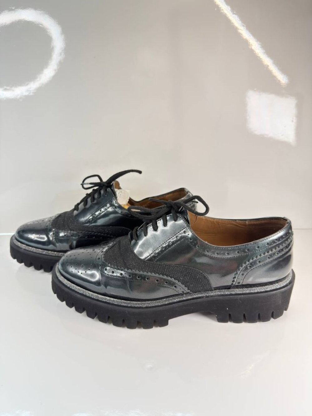 Pertini Metallic Leather Brogue Oxford Lug Sole Shoes Women’s EU 38 / US 7.5-8 - Picture 8 of 16
